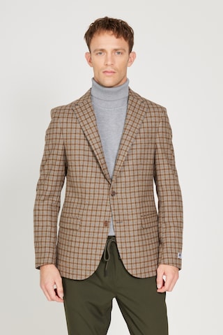 AC&Co / Altınyıldız Classics Erkek Kahve Bej Slim Fit Dar Kesim Mono Yaka Kareli Yünlü Ceket Kahve Bej