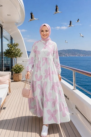 Hb Harma Time Butik Kadın Düğmeli Modal Desenl Pembe Elbise Ekru