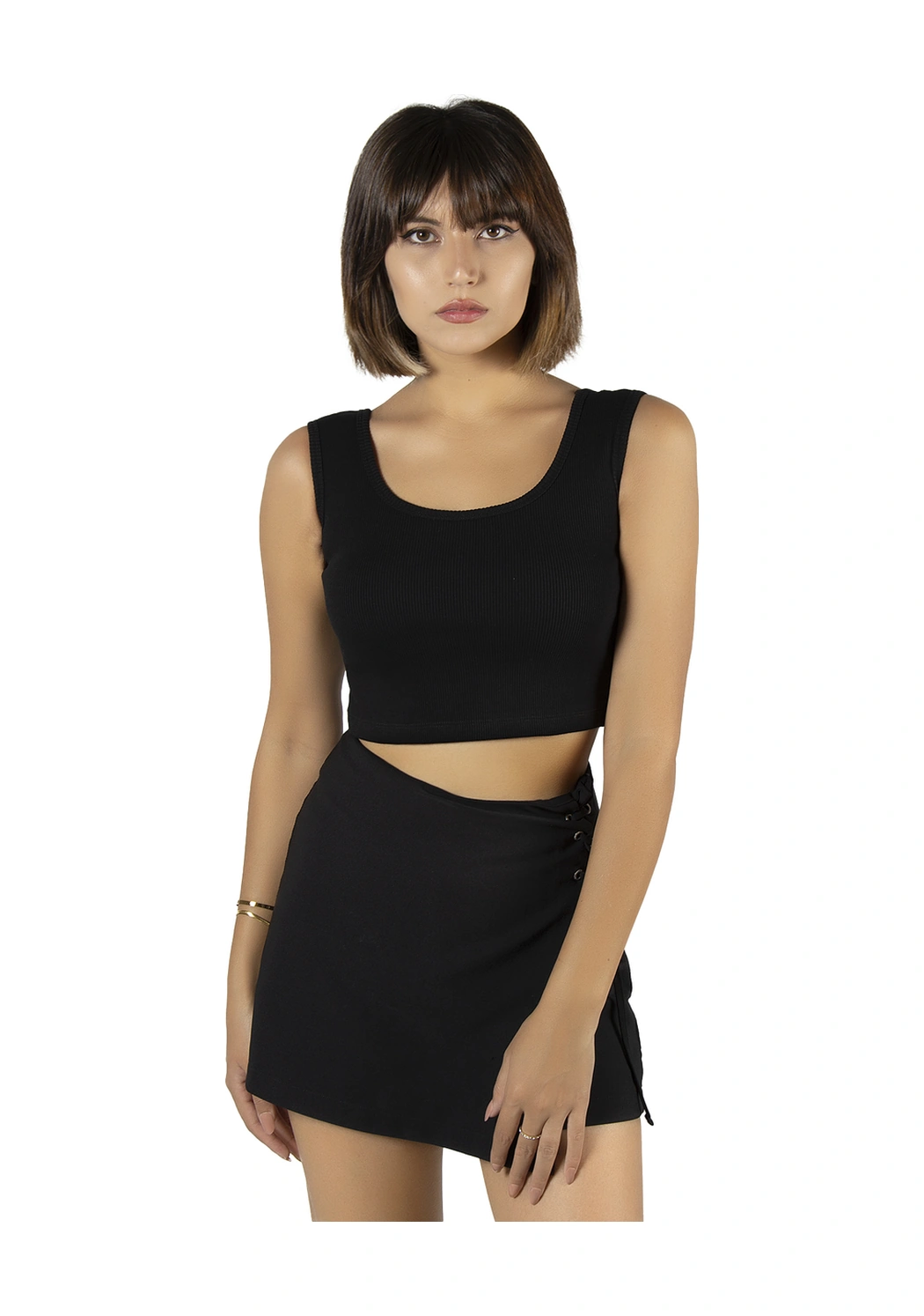 Veaven Siyah Geniş Askılı Fitted/vücuda Oturan Fitilli Crop Top Atlet Siyah