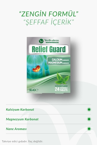 Relief Guard Çiğnenebilir Tablet Nane Aromalı Kalsiyum Karbonat Magnezyum Karbonat 24 Adet