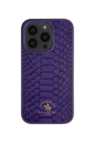 Santa Barbara Polo Knight-14 Pro Max Kilif-yılan Derisi Tasarımı Deri Kılıf.Apple iPhone Uyumlu 14 Promax Kilif Mor