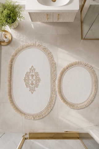 Pudra 2'li Dantelli Kaymaz Deri Tabanlı Oval Banyo Paspası Püsküllü Yıkanabilir Banyo Takımı Simela Beyaz