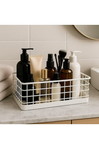 Okyanus Home Dikdörtgen Beyaz Metal Organizer Sepet Maxi 18x33 Cm Beyaz