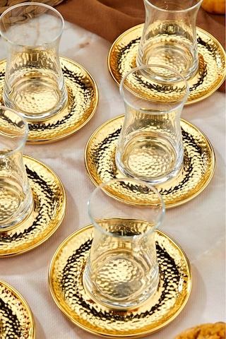 Cooker 6'lı Metal Dövme Desen Çay Tabağı Gold Ckr3577 Gold