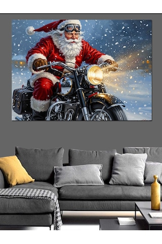 Motosiklet Süren Noel Baba Figürü Dekoratif Kanvas - Mdf Ahşap Tablo