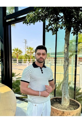 Erkek Polo Yaka Tişört Siyah Yakalı Beyaz Bej - Siyah