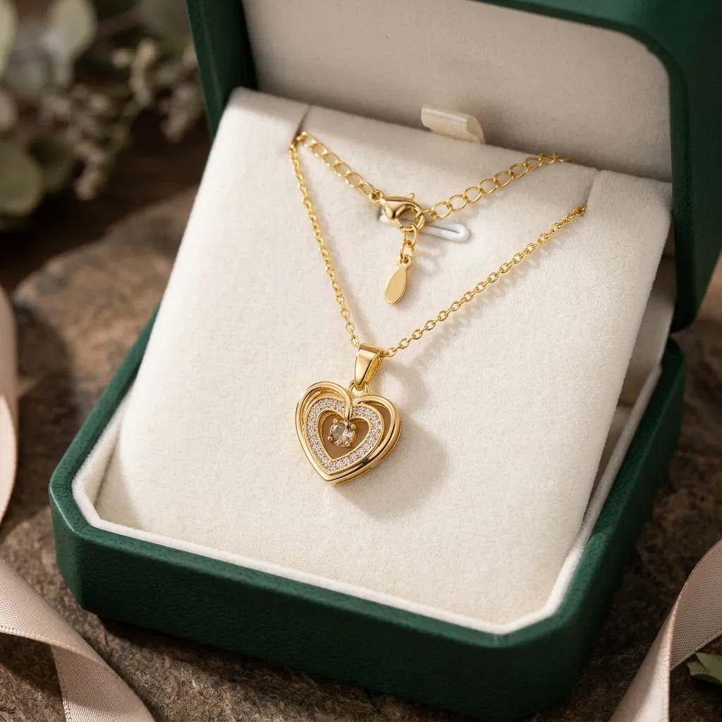 İçiçe Kalp Figürlü Taşlı Gold Renk 316l Çelik Kadın Kolye