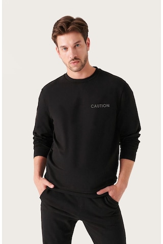Erkek Siyah Oversize Caution Baskılı Bisiklet Yaka Sweatshirt Siyah