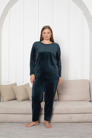 Büyük Beden Kırmızı Likralı Soft Kadife Pijama Takımı Yeşil