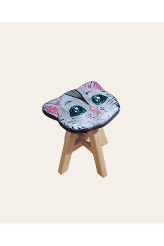 Sevimli Kedim Tamamı Ahşap El Yapımı Çocuk Taburesi