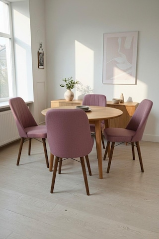 Nora 4 Adet Sandalye - Keten Kumaşlı Sandalye Modern Ahşap Ayaklı Yemek & Çalışma Sandalyesi Minimal Tasarım Pembe