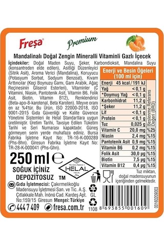 Freşa Premium Mandalinalı Vitaminli Maden Suyu 250 Ml X 24 Adet
