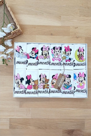 Sitilin Aylık Kız Badi Set 12 Ay Her Ay Özel Mickey Baskılı Uzun Kollu Çı Pembe