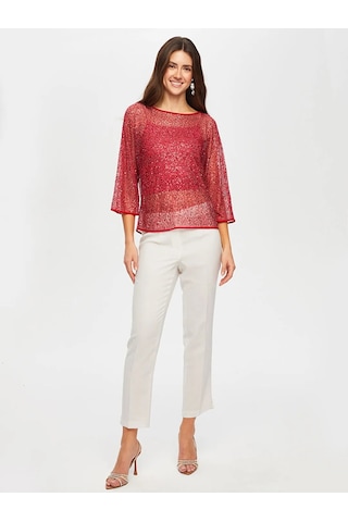 Faik Sönmez Payet Detaylı Kayık Yaka Kadın Abiye Bluz Us25blz001 Kırmızı