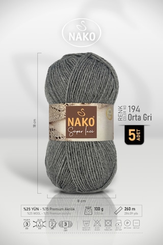 Süper İnci - 194 Orta Gri - 5'li Paket - 100gr/260m - El Örgü İpi - Atkı Yelek Kazak İpi
