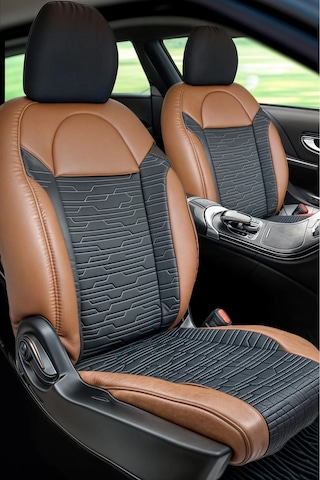 Skoda Favorit Yarı Deri Oto Koltuk Kılıfı Ön Arka Set Kahverengi Siyah Premium Seri Şhn