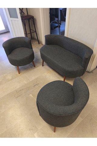 Azra Mobilya Sydney Çay Seti Koltuk Takımı Keten Kumaş 2+1+1 Ceviz Ayak Modern Salon & Ofis Takımı Füme Koyu Gri