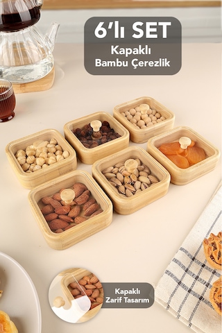 6'lı Kapaklı Bambu Çerezlik Seti - Kahve Yanı Sunum Kasesi Sunumluk Kahvaltılık Bambu Kase Bej
