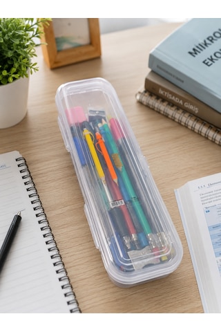 Şeffaf Kalem Kutusu Kilitli Plastik Kalemlik Organizer Kırtasiye Saklama Kutusu