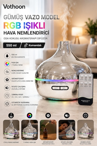 Gümüş Vazo Model Rgb Işıklı Hava Nemlendirici & Aromaterapi Difüzör 550 Ml Kumandalı