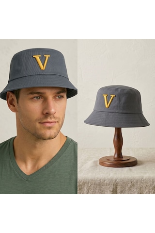 Bk Gift Kişiye Özel Harf Nakışlı Unisex Bucket Şapka Mavi Pamuk Gabardin Kumaş Yazlık Şapka