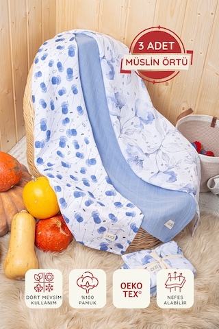 Luckka Dijital Baskılı 3'lü Müslin Örtü Seti - 75x75 Cm - Zt5000 Mavi Mavi