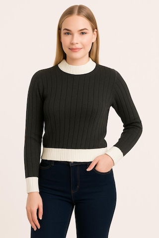 Hira Life Fashion Kadın Bisiklet Yaka Fitili Ve Şerit Detaylı Crop Triko Kısa Kazak Siyah Siyah