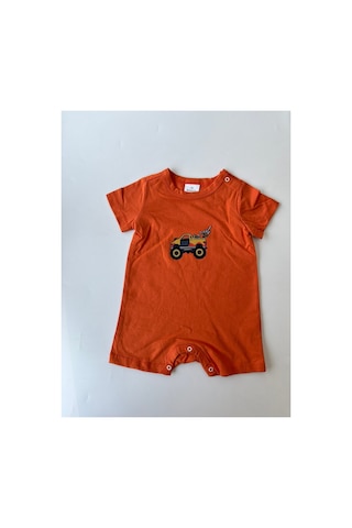 Fuar Baby Miniklere Özel Kız & Erkek Bebek Pamuklu Kısa Paça Tulum Turuncu Araba Desenli