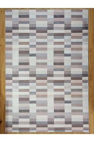 Modern Geometrik Blok Desenli Bej Ve Kahverengi Halı - 12440ou Gri