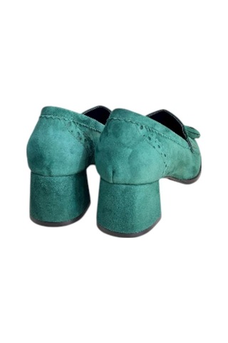 Tufan Shoes Yeşil Hakiki Deri Süet Püskül Detay Topuklu Ayakkabı YESIL