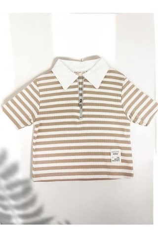 Zekids Kız Çocuk Polo Yaka Çizgili T-shirt-14393 Vizon