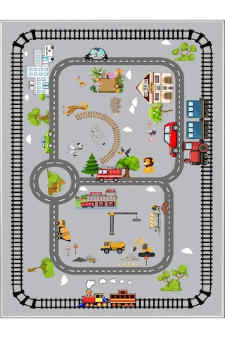 Trafik Tren Çocuk Oyun Halısı Kaymaz Makinede Yıkanabilir