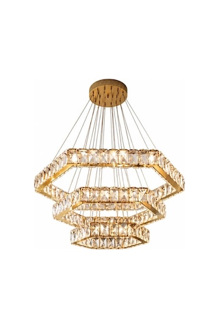 Kristal Taşlı Led Avize Modern Lüks Sarkıt 3 Renk Kumandalı Altıgen Salon Villa Avizesi Altın