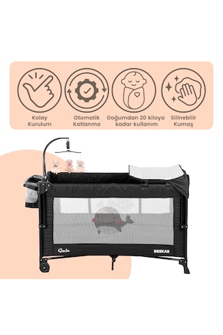 Gulz Beskar Anne Yanı Sallanır Cibinlikli Dönenceli Alt Açmalı Oyun Parkı Bebek Beşik 70x120 Cm Siyah