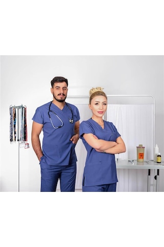 Likralı Cerrahi Forma Unisex Hemşire Doktor Sağlıkçı Forması Scrubs Üniforma Fırtına Mavisi