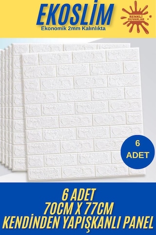 70x77 Cm 6 Adet Ekoslim 2mm Kendinden Yapışkanlı Sünger Beyaz Tuğla Duvar Paneli Kağıdı