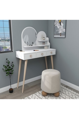 Arnetti Ruges Aynalı Makyaj Masası Ahşap Ayaklı Beyaz