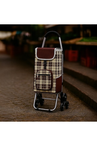 3 Tekerlekli Katlanır Desenli Alüminyum Pazar Arabası Su Geçirmez Kahverengi