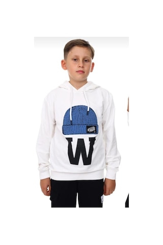 Çocuk Bere Baskılı Ve İşlemeli Kapüşonlu Sweatshirt-13410-beyaz Beyaz