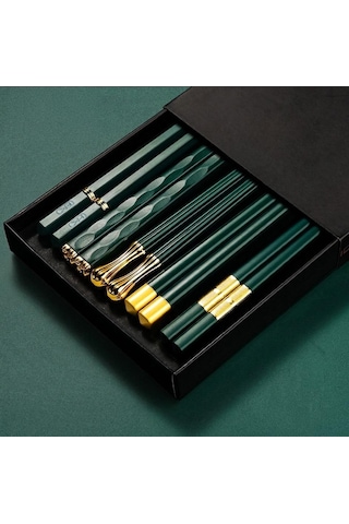 Valkyrie 5 Çift Yemek Çubuğu Seti 24,3 Cm Japon Kore Sushi Chopsticks Lüks Altın Detaylı Yeşil
