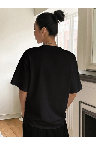 Kadın Siyah Oversize Classical Baskılı Örme T-shirt Siyah