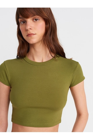 Dilvin 31810 Bisiklet Yaka Crop T-shirt-yağ Yeşil Yağ Yeşil