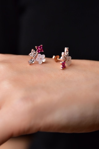 Papatya Silver 925 Ayar Gümüş Rose Kaplama Sedef Manolya Fuşya Beyaz Taşlı Yonca Çiçek Küpe