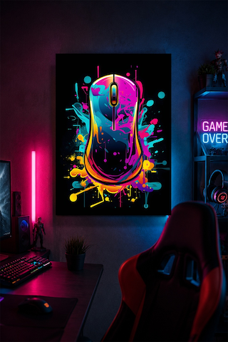 Neon Gaming Mouse Metal Duvar Tablosu Oyuncu Odası Duvar Dekoru 20x30 Cm A4 Boyutunda