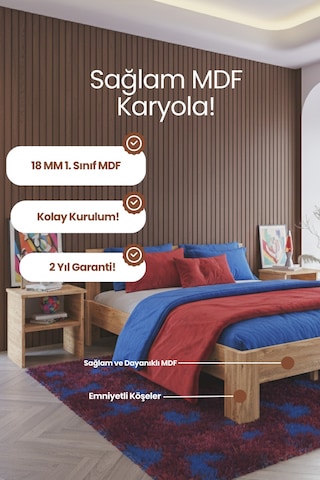 Letto Çift Kişilik Mdf Karyola 160x200 Yatak Uyumlu - Atlantik Çam