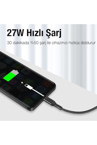 Ally 36440 27 W 1 M Type-c To Lightning Hızlı Data Ve Şarj Kablosu Siyah