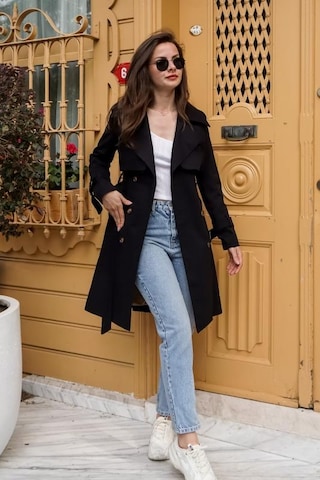 Pastelastore %100 Pamuk Gabardin Midi 95cm Astarlı Kemerli Kadın Trençkot 1113 Siyah