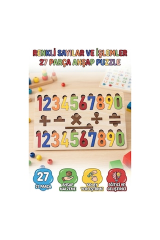 Renkli Sayılar Ve İşlemler 27 Parça Eğitici Ahşap Puzzle Zeka Geliştirici Matematik Puzzle Oyunu