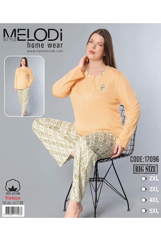Melodi Kadın Büyük Beden Standart Kalıp %100 Pamuk Düğmeli Yaka Uzun Kol Baharlık Pijama Takımı 17096- 1 Adet Turuncu
