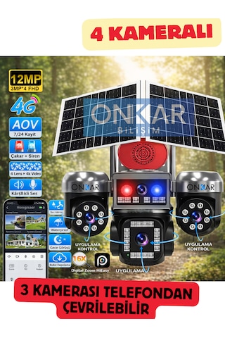Onkar 12mp 4 Kameralı 3 Kamerası Ptz 4g Esim Sim Kartlı Güneş Enerjili Güvenlik Kamerası